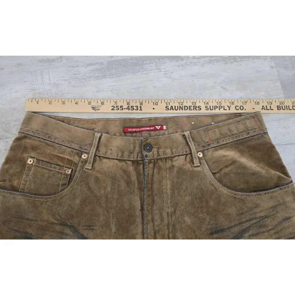 Vtg Y2K Guess Premium 00 XX Tiger Stripe Jeans 36 Baggy Coated Denim Flocked Bro